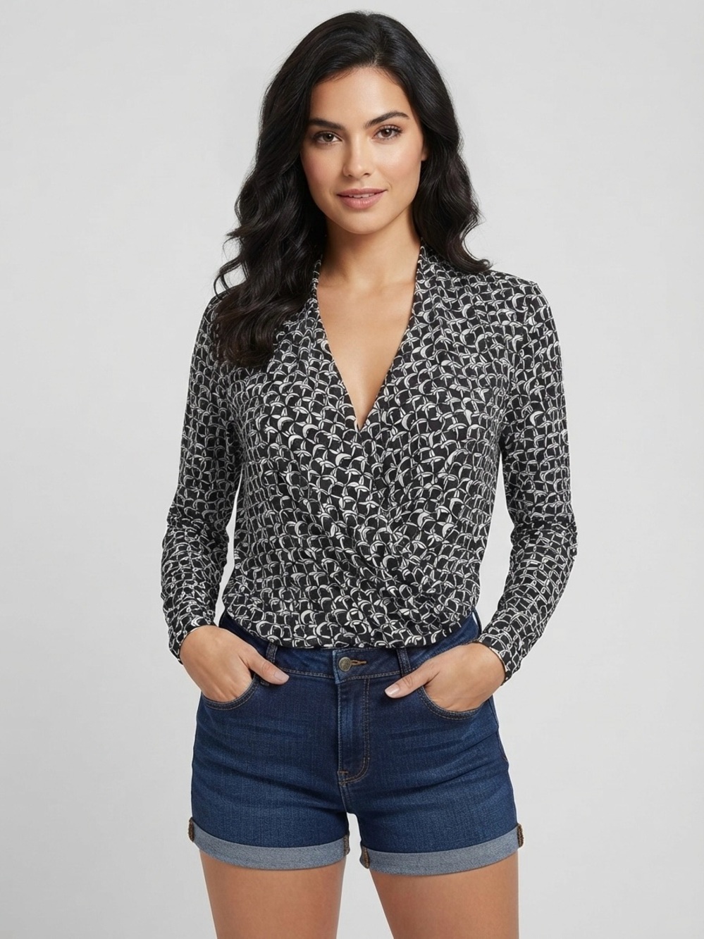 Ariella Black and White Printed Wrap Blouse